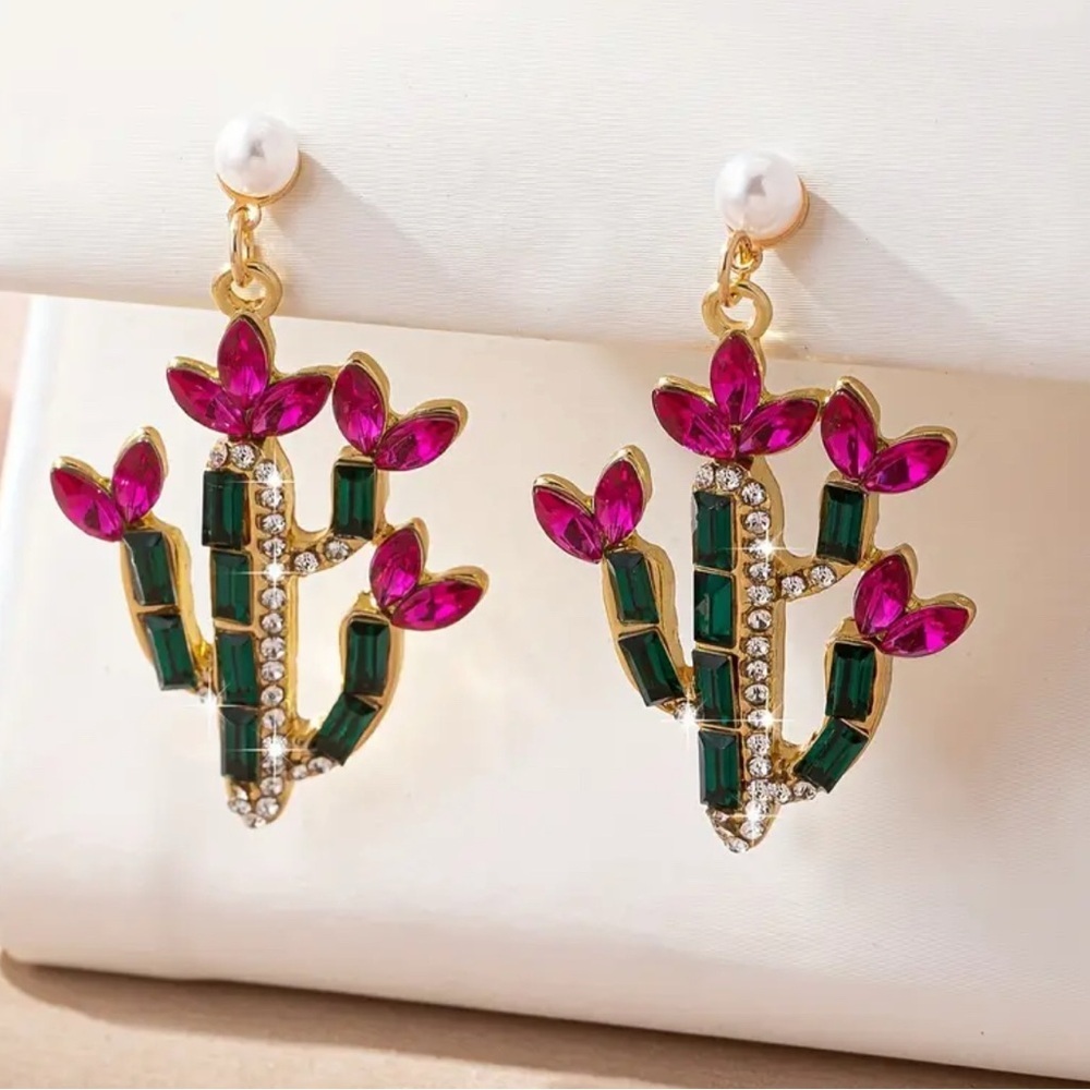 Gold & Pink Cactus Floral Rhinestone Statement Earrings – Western Chic – NWT